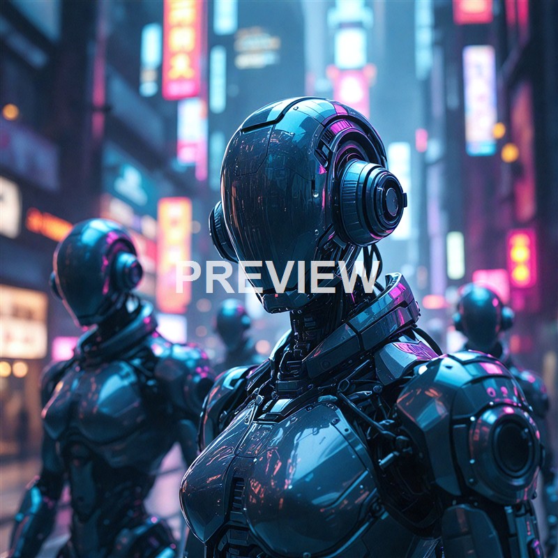 A group of futuristic humanoid robots with sleek, shiny black exteriors and glowing pink accents standing in a neon-lit cityscape at night.